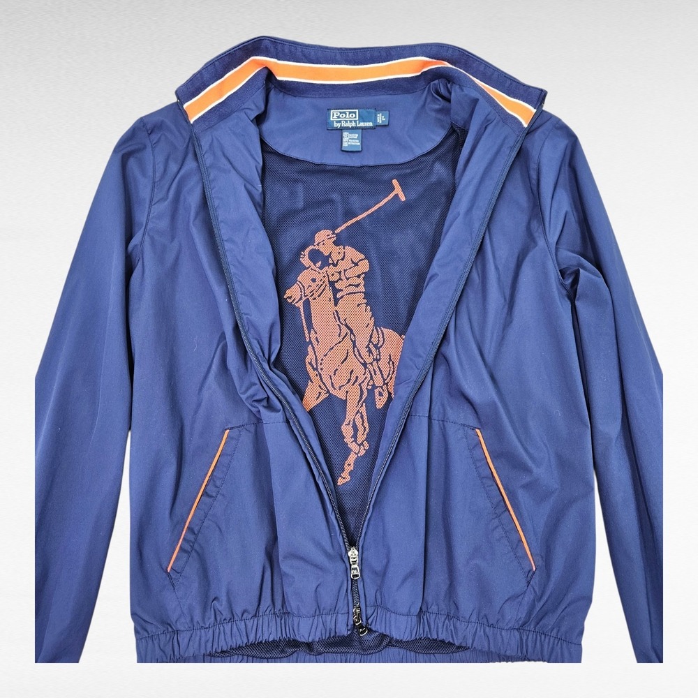Polo Ralph Lauren Big Pony Windbreaker Jacket Navy‎ Orange Mens Large Preppy